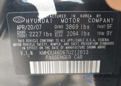 2007 Hyundai Elantra Gls/Limited/Se from USA, damaged, VIN KMHDU46D67U212813
